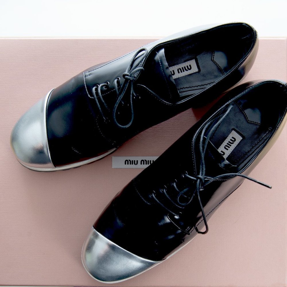 Authentic Miu Miu Calzature Donna Oxford Black Silver Color Block Shoes Sz 36.5
